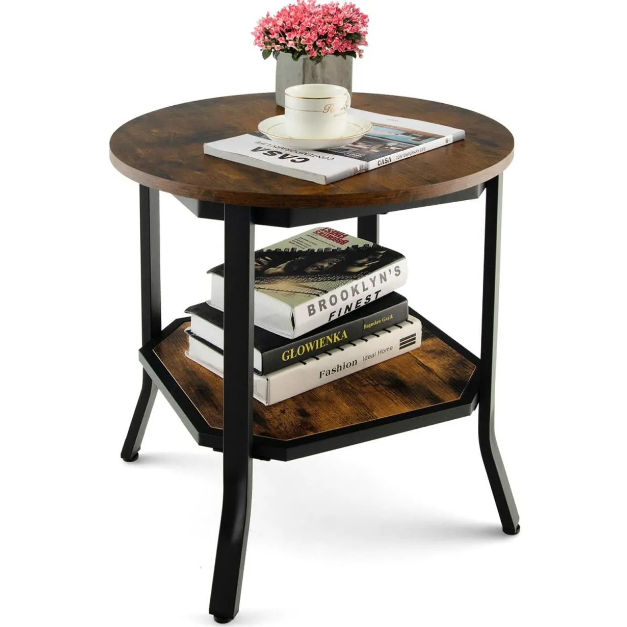 Tangkula Vintage Round End Table, Industrial 2-Tier Side Table with Storage Shelf & Steel Frame