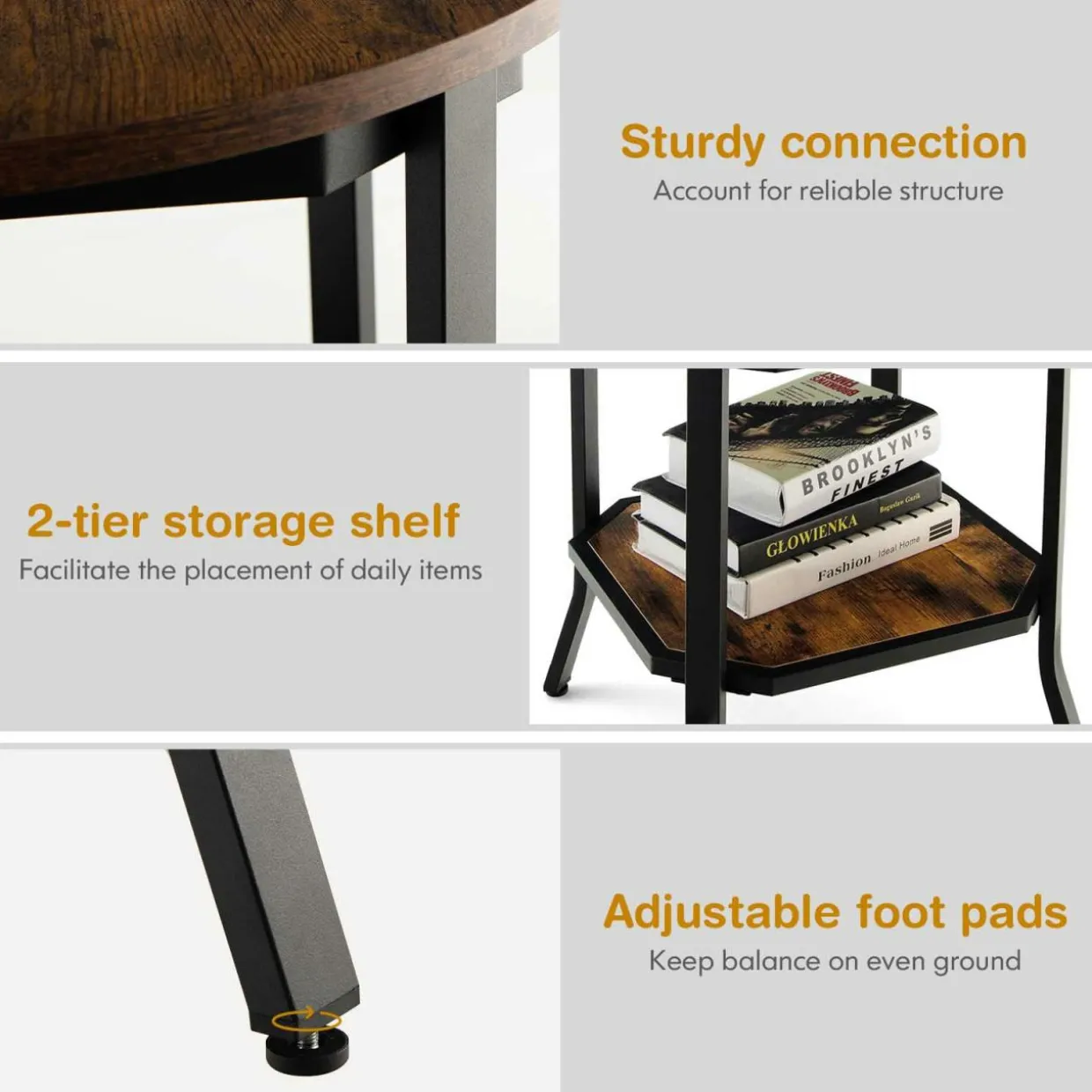 Tangkula Vintage Round End Table, Industrial 2-Tier Side Table with Storage Shelf & Steel Frame
