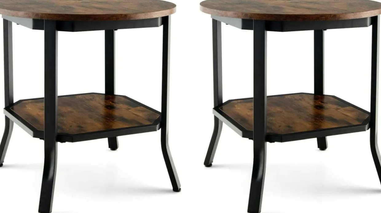 Tangkula Vintage Round End Table, Industrial 2-Tier Side Table with Storage Shelf & Steel Frame