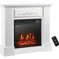Tangkula 1400W 32 Inches Electric Fireplace with Mantel, Freestanding Fireplace Heater with 3D Flame Effect, Remote Control