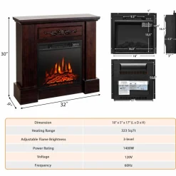 Tangkula 1400W 32 Inches Electric Fireplace with Mantel, Freestanding Fireplace Heater with 3D Flame Effect, Remote Control