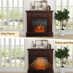 Tangkula 1400W 32 Inches Electric Fireplace with Mantel, Freestanding Fireplace Heater with 3D Flame Effect, Remote Control
