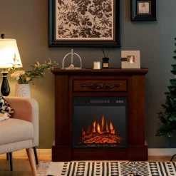 Tangkula 1400W 32 Inches Electric Fireplace with Mantel, Freestanding Fireplace Heater with 3D Flame Effect, Remote Control