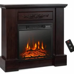 Tangkula 1400W 32 Inches Electric Fireplace with Mantel, Freestanding Fireplace Heater with 3D Flame Effect, Remote Control