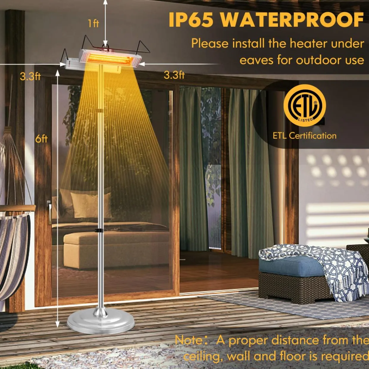 Tangkula 1500W Electric Patio Heater, Fast Heating 270 Sq.Ft Infrared Heater with 3 Modes