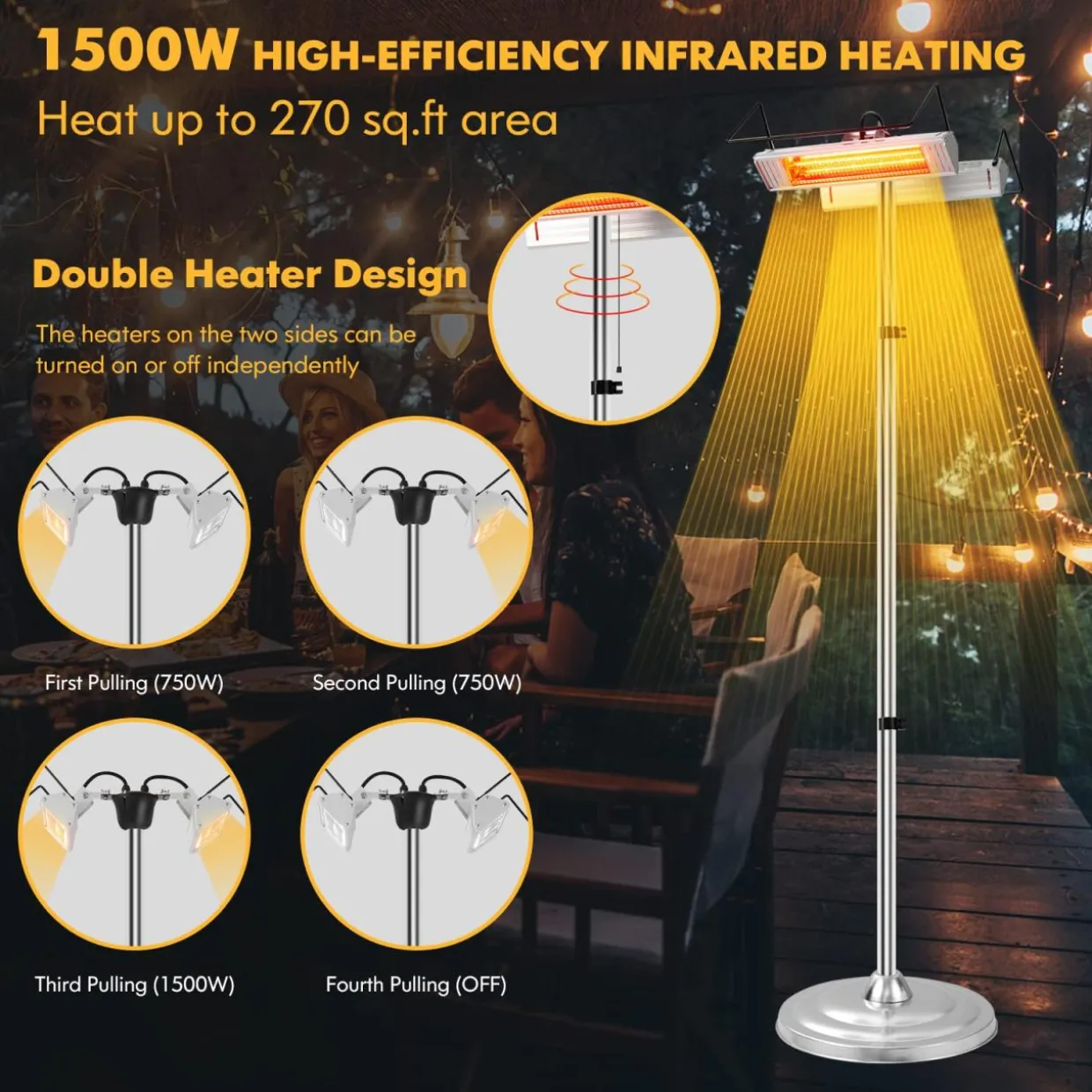 Tangkula 1500W Electric Patio Heater, Fast Heating 270 Sq.Ft Infrared Heater with 3 Modes