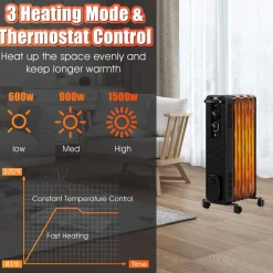 Tangkula 1500W Oil Filled Radiator Heater, Portable Space Heater Radiator w/ 3 Heating Modes & Adjustable Thermostat