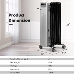 Tangkula 1500W Oil Filled Radiator Heater, Electric Space Heater with 3 Heat Settings