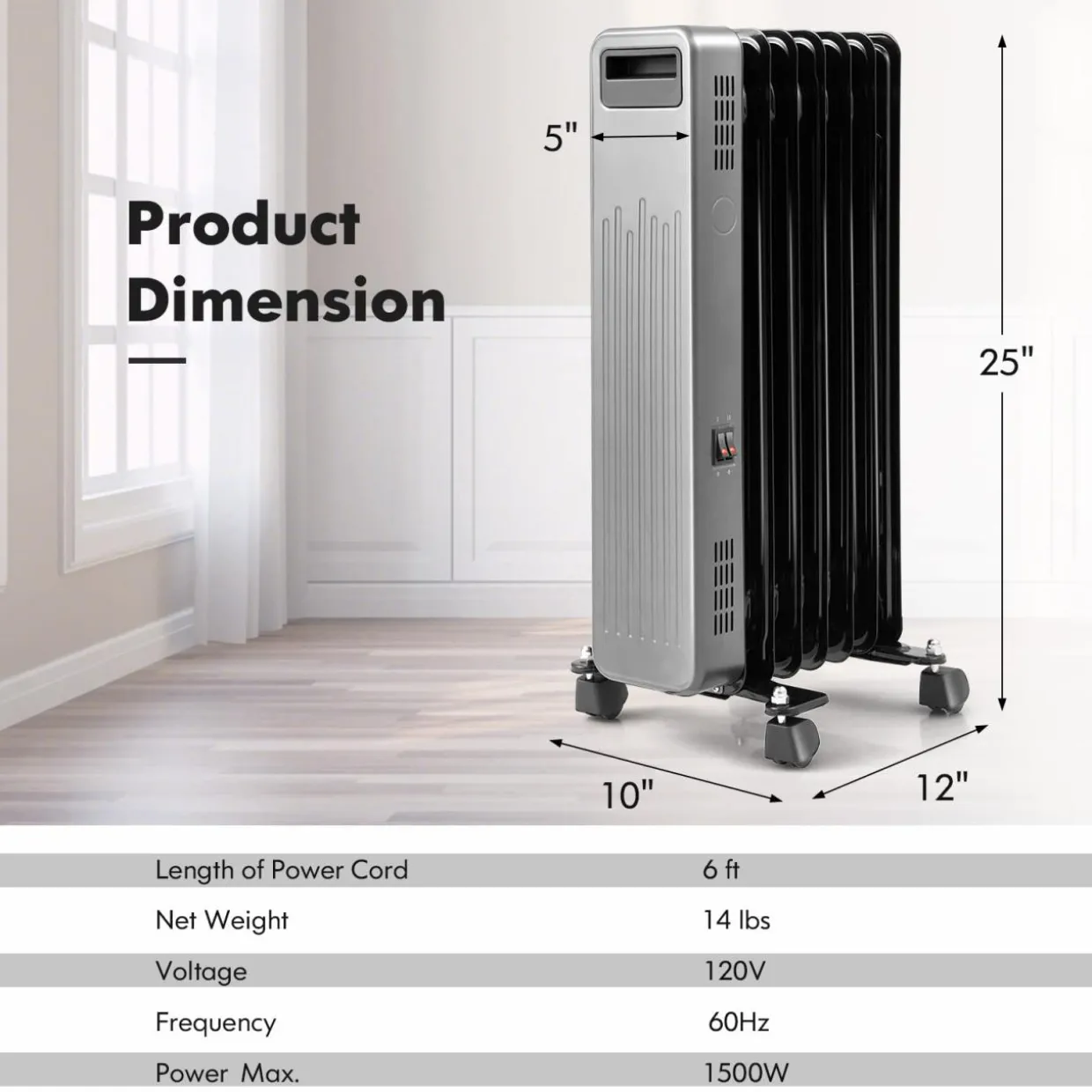 Tangkula 1500W Oil Filled Radiator Heater, Electric Space Heater with 3 Heat Settings