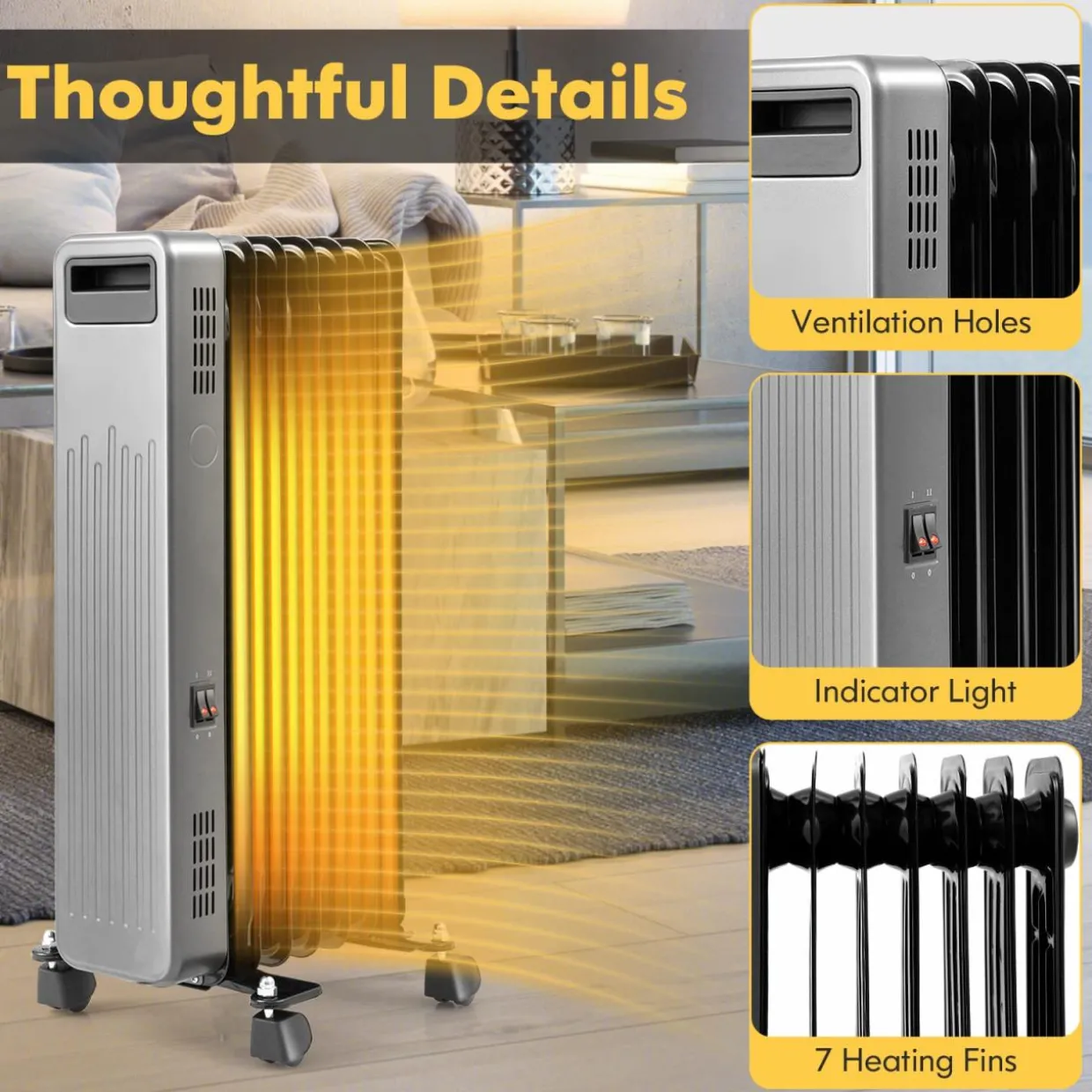 Tangkula 1500W Oil Filled Radiator Heater, Electric Space Heater with 3 Heat Settings
