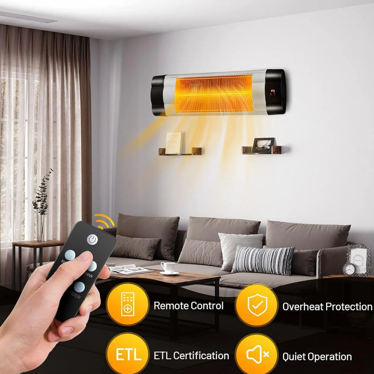 Tangkula 1500W Wall-Mounted Patio Heater, Electric Infrared Heater with 3 Heat Settings, Remote, 24 H Timer & Overheat Protection