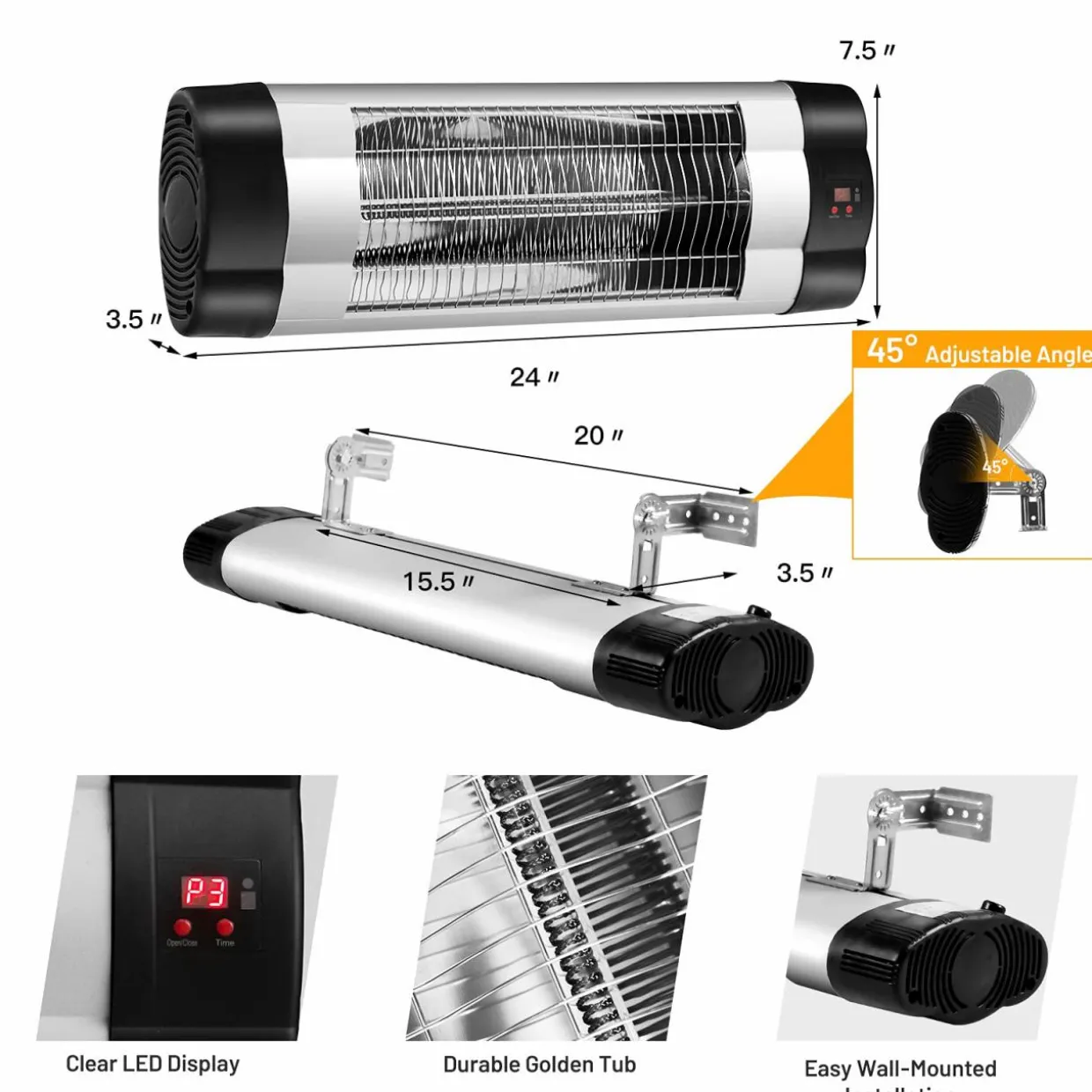 Tangkula 1500W Wall-Mounted Patio Heater, Electric Infrared Heater with 3 Heat Settings, Remote, 24 H Timer & Overheat Protection