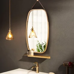 Tangkula Wall Hanging Mirror, Modern Rectangle Wall Bamboo Frame Mirror
