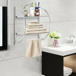 Tangkula Wall Mount 2 Tier Bathroom Shelf with Towel Bars, 18"W X 10"D X 22"H
