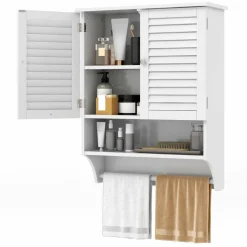 Tangkula Wall Mounted Bathroom Cabinet with Open Shelf & Bar