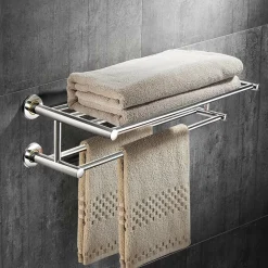 Tangkula Wall Mounted Bathroom Shelf with 2-Tier Towel Bars, 24 Inch Stainless Steel Towel Shelf