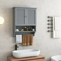 Tangkula Wall Mounted Bathroom Cabinet with Open Shelf & Bar