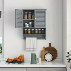 Tangkula Wall Mounted Bathroom Cabinet with Open Shelf & Bar