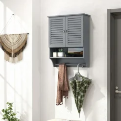 Tangkula Wall Mounted Bathroom Cabinet with Open Shelf & Bar