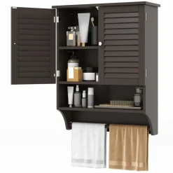 Tangkula Wall Mounted Bathroom Cabinet with Open Shelf & Bar