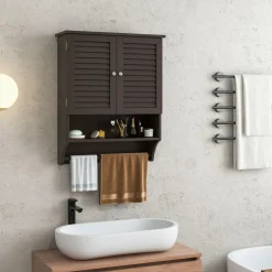 Tangkula Wall Mounted Bathroom Cabinet with Open Shelf & Bar