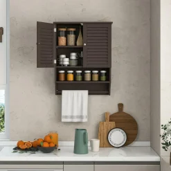 Tangkula Wall Mounted Bathroom Cabinet with Open Shelf & Bar