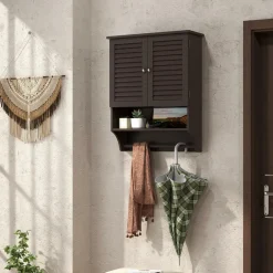 Tangkula Wall Mounted Bathroom Cabinet with Open Shelf & Bar