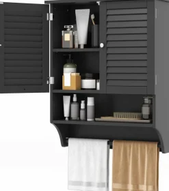 Tangkula Wall Mounted Bathroom Cabinet with Open Shelf & Bar