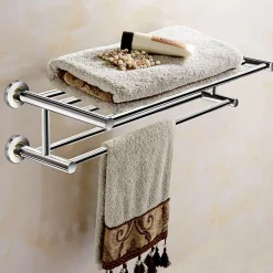Tangkula Wall Mounted Bathroom Shelf with 2-Tier Towel Bars, 24 Inch Stainless Steel Towel Shelf