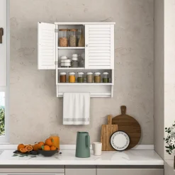 Tangkula Wall Mounted Bathroom Cabinet with Open Shelf & Bar