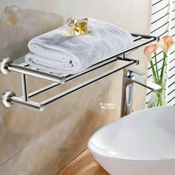 Tangkula Wall Mounted Bathroom Shelf with 2-Tier Towel Bars, 24 Inch Stainless Steel Towel Shelf