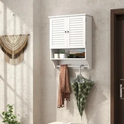 Tangkula Wall Mounted Bathroom Cabinet with Open Shelf & Bar