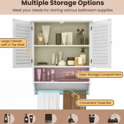 Tangkula Wall Mounted Bathroom Cabinet with Open Shelf & Bar