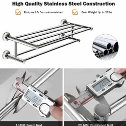 Tangkula Wall Mounted Bathroom Shelf with 2-Tier Towel Bars, 24 Inch Stainless Steel Towel Shelf