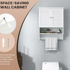 Tangkula Wall Mounted Bathroom Cabinet with Open Shelf & Bar