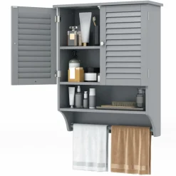 Tangkula Wall Mounted Bathroom Cabinet with Open Shelf & Bar