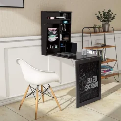 Tangkula Wall Mounted Desk, Floating Desk with Chalkboard, Space Saving Fold Up Desk