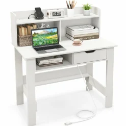 Tangkula White Computer Desk with Hutch, Home Office Writing Desk