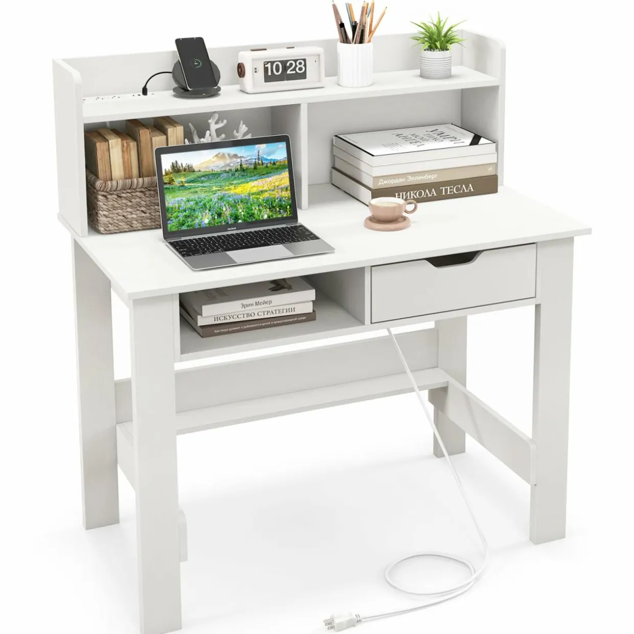 Tangkula White Computer Desk with Hutch, Home Office Writing Desk