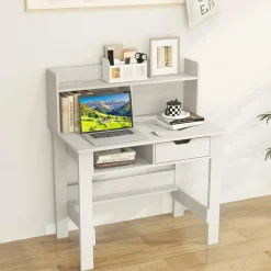 Tangkula White Computer Desk with Hutch, Home Office Writing Desk