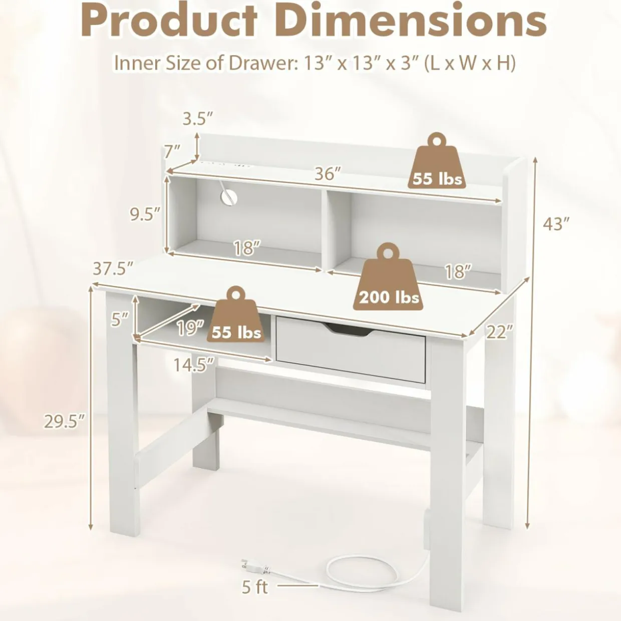 Tangkula White Computer Desk with Hutch, Home Office Writing Desk