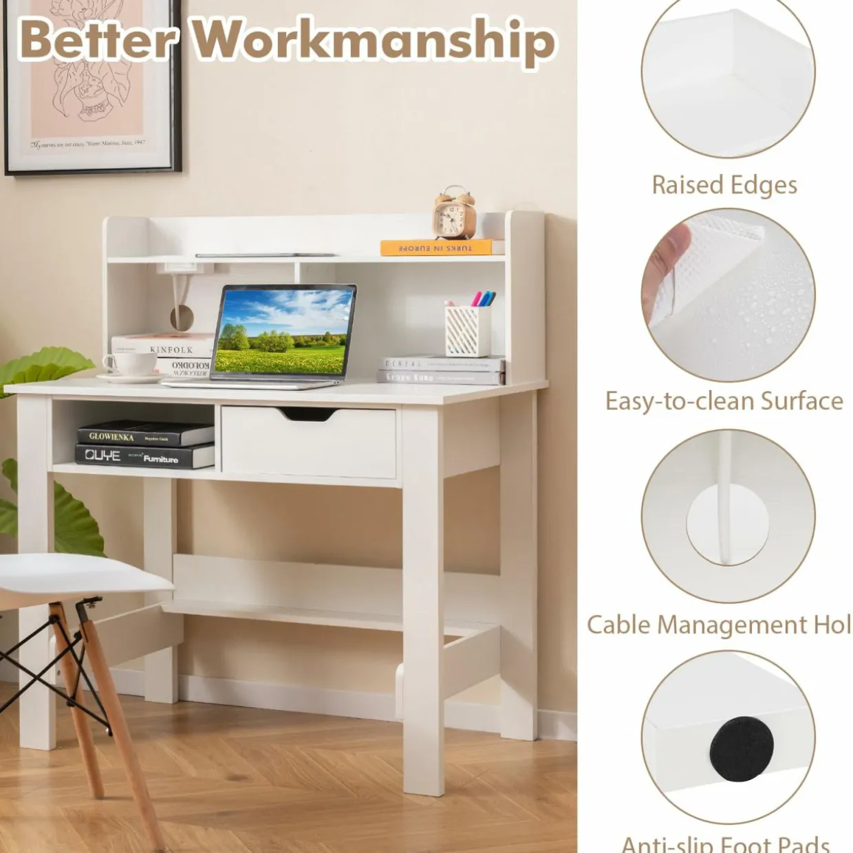 Tangkula White Computer Desk with Hutch, Home Office Writing Desk