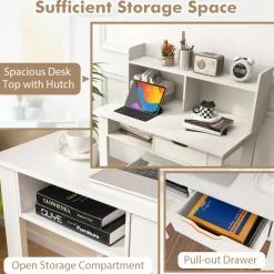 Tangkula White Computer Desk with Hutch, Home Office Writing Desk