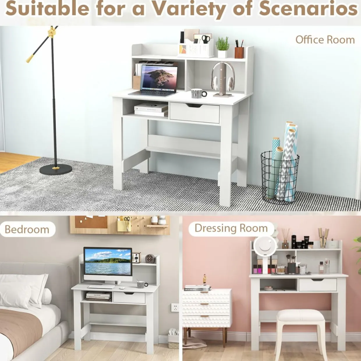 Tangkula White Computer Desk with Hutch, Home Office Writing Desk