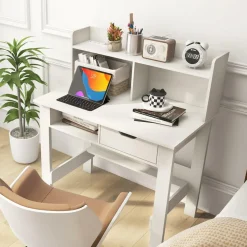 Tangkula White Computer Desk with Hutch, Home Office Writing Desk
