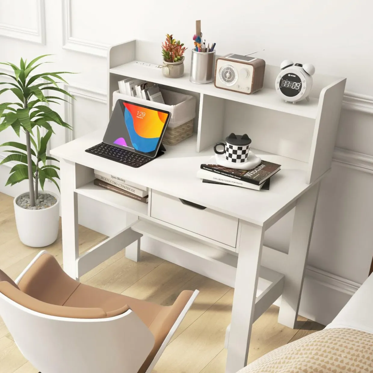 Tangkula White Computer Desk with Hutch, Home Office Writing Desk