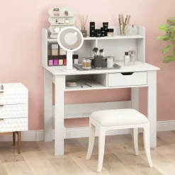 Tangkula White Computer Desk with Hutch, Home Office Writing Desk