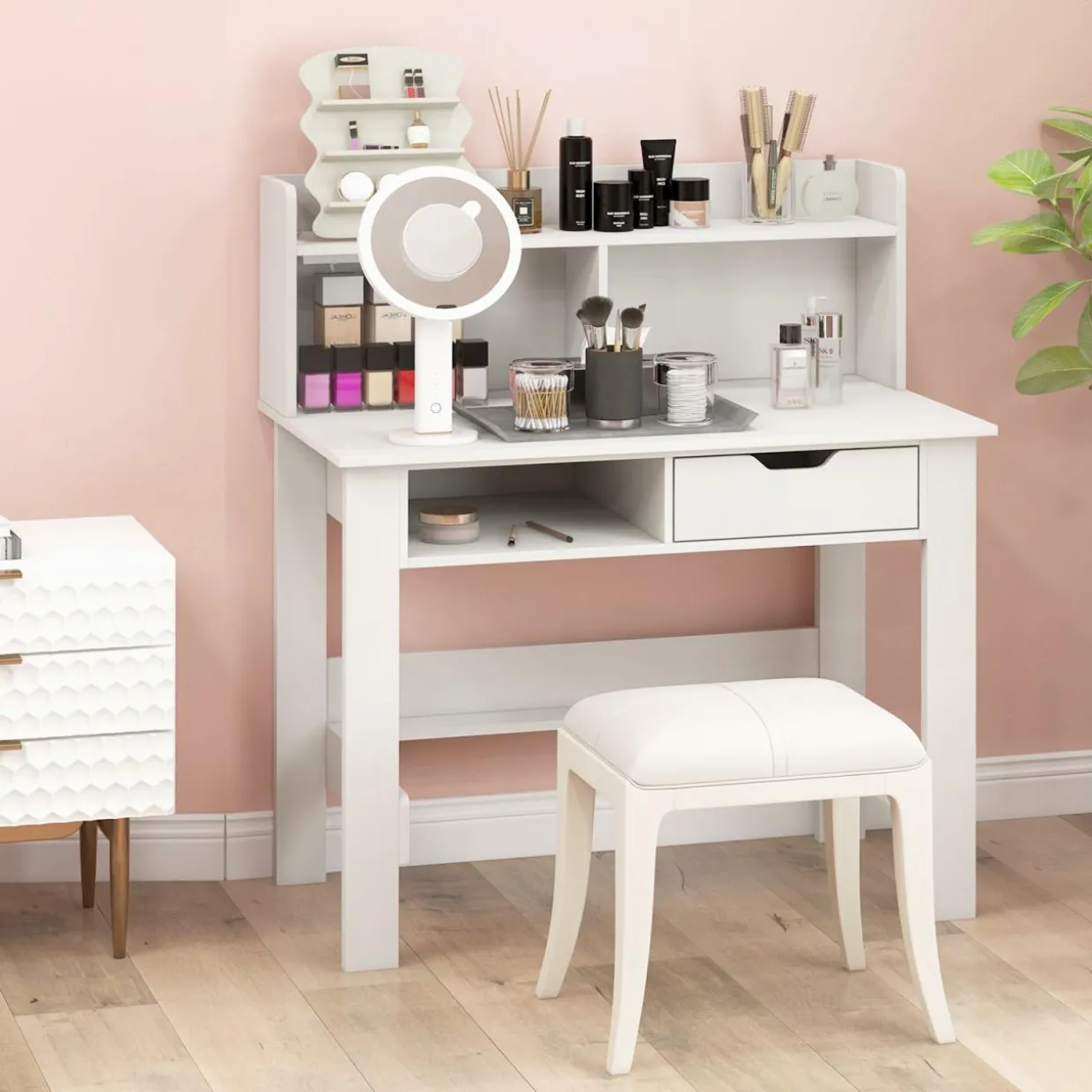 Tangkula White Computer Desk with Hutch, Home Office Writing Desk