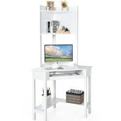 Tangkula White Corner Desk with Hutch, 90 Degrees Triangle Corner Computer Desk