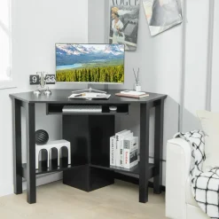 Tangkula White Corner Desk, Corner Computer Desk with Smooth Keyboard Tray for Small Space